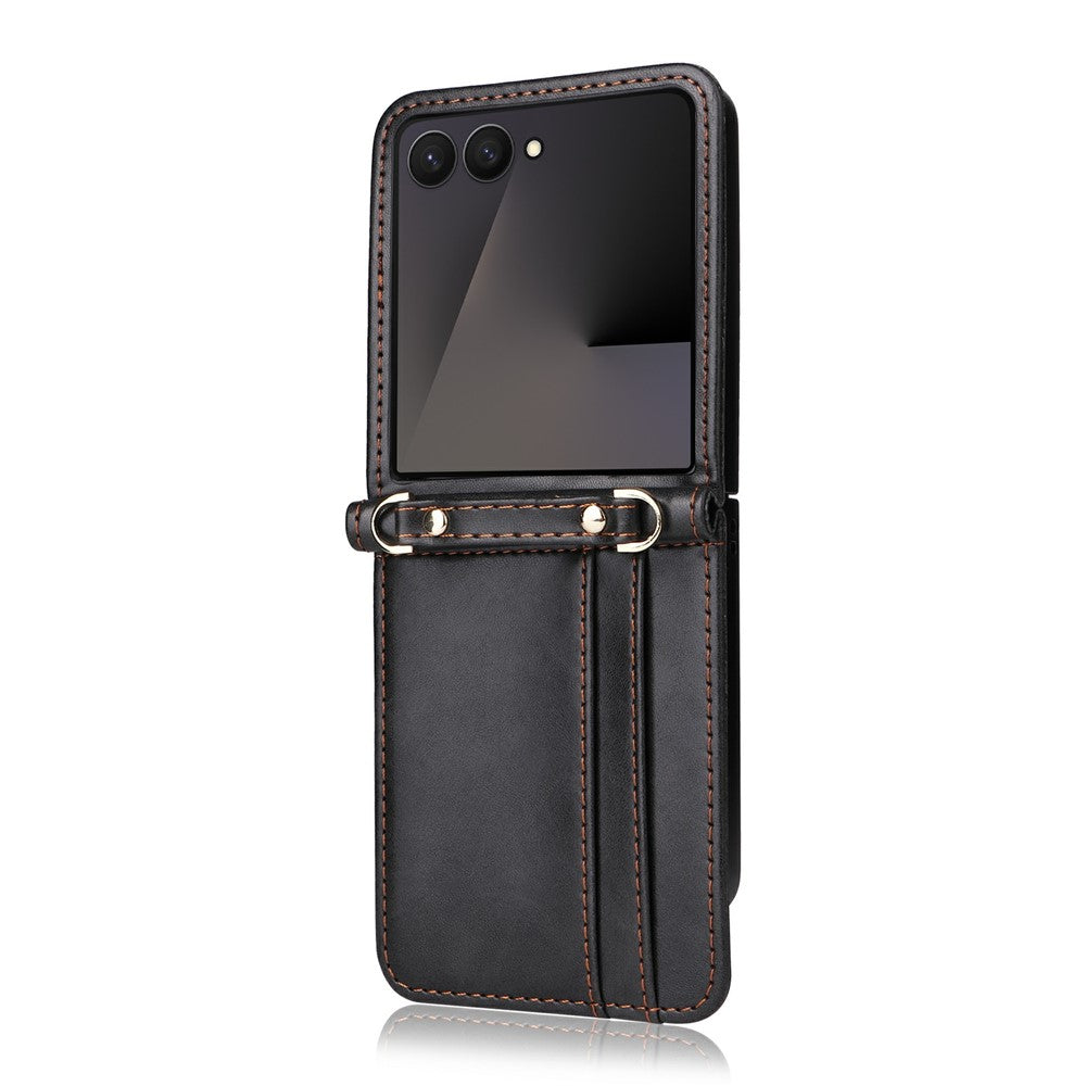 For Samsung Galaxy Z Flip7 5 Case Card Slots Leather Phone Cover with Lanyard - Black