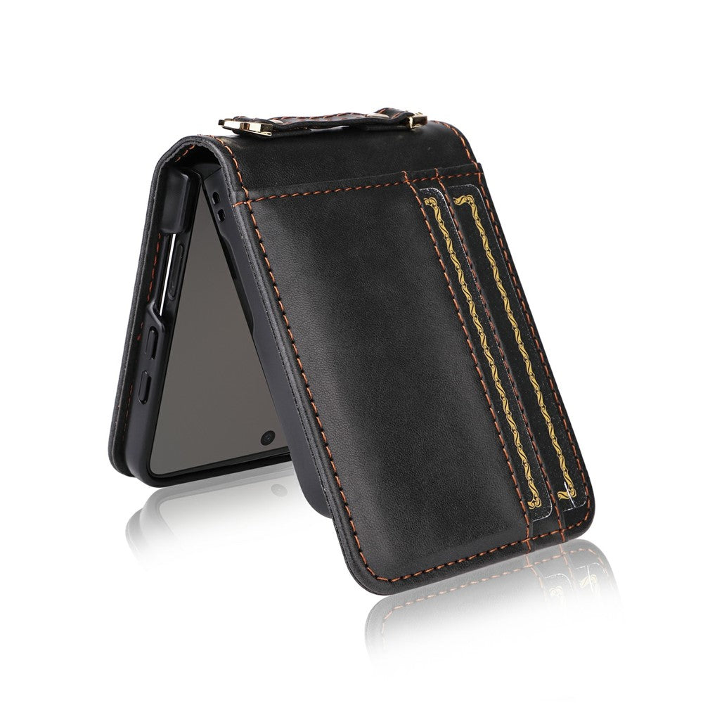 For Samsung Galaxy Z Flip7 5 Case Card Slots Leather Phone Cover with Lanyard - Black