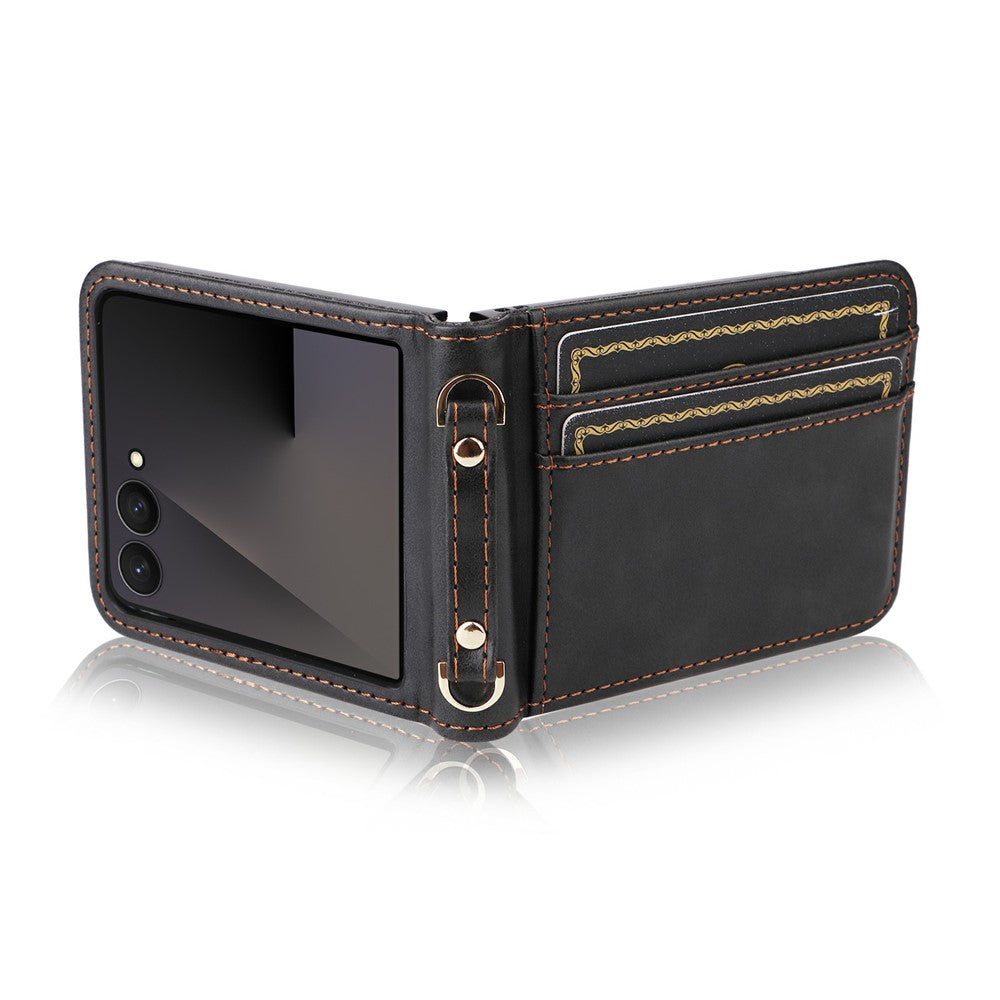 For Samsung Galaxy Z Flip7 5 Case Card Slots Leather Phone Cover with Lanyard - Black