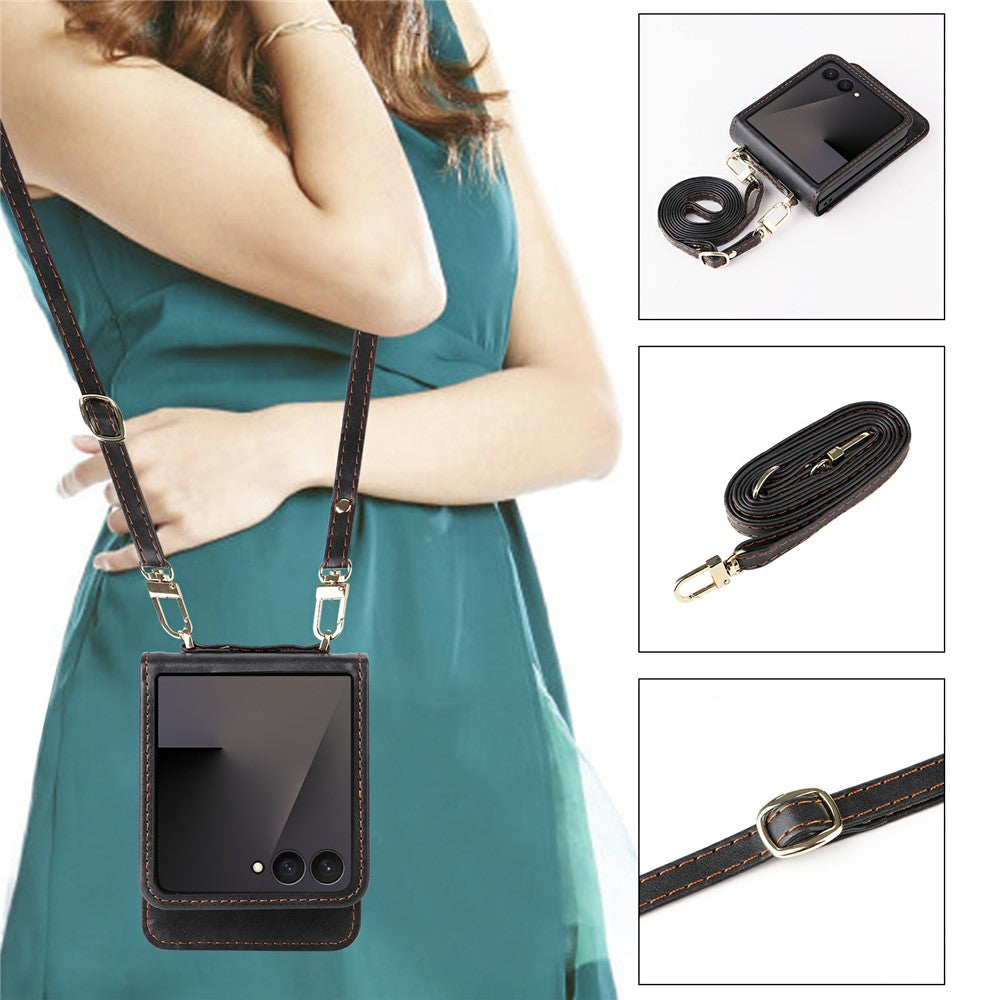 For Samsung Galaxy Z Flip7 5 Case Card Slots Leather Phone Cover with Lanyard - Black