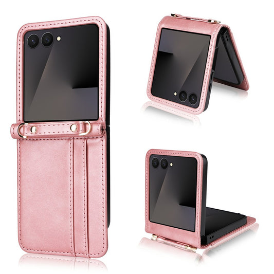 For Samsung Galaxy Z Flip7 5 Case Card Slots Leather Phone Cover with Lanyard - Pink