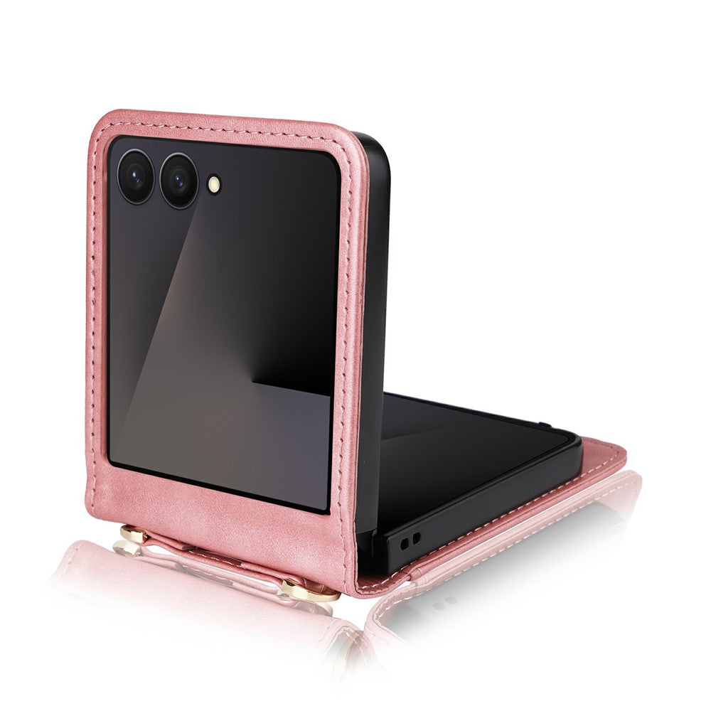 For Samsung Galaxy Z Flip7 5 Case Card Slots Leather Phone Cover with Lanyard - Pink