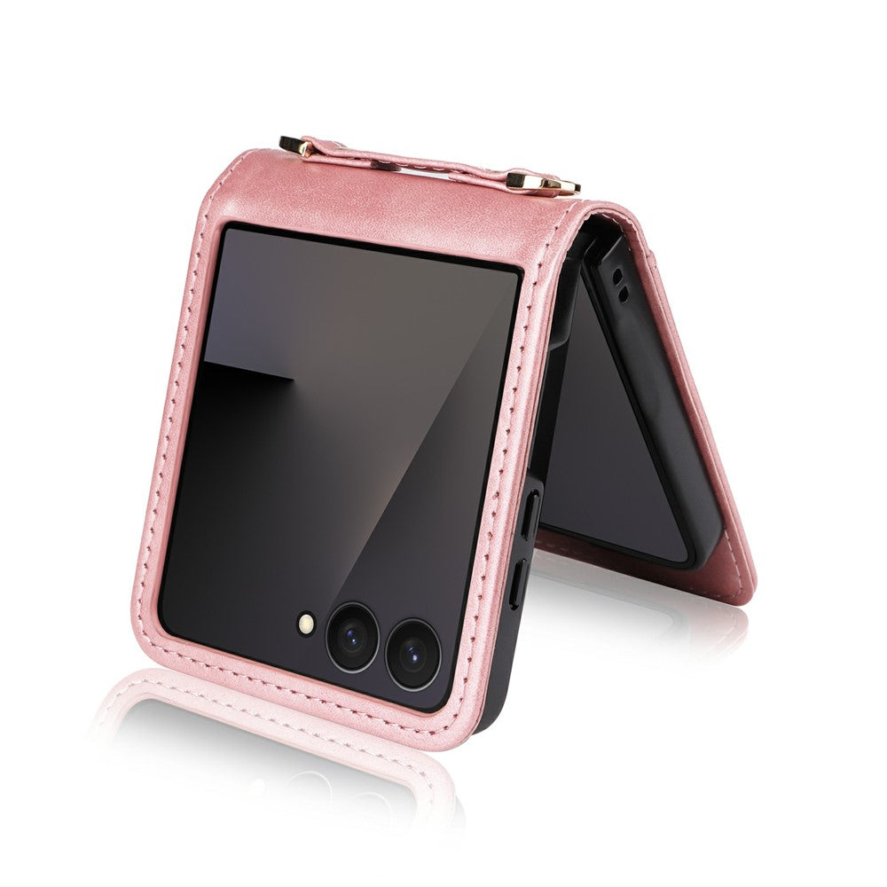 For Samsung Galaxy Z Flip7 5 Case Card Slots Leather Phone Cover with Lanyard - Pink