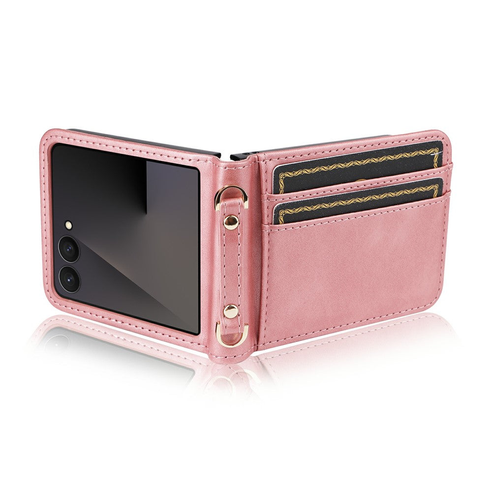 For Samsung Galaxy Z Flip7 5 Case Card Slots Leather Phone Cover with Lanyard - Pink