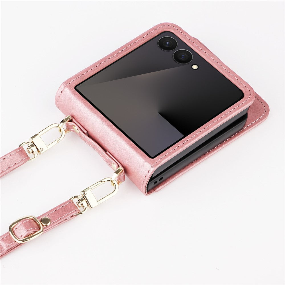 For Samsung Galaxy Z Flip7 5 Case Card Slots Leather Phone Cover with Lanyard - Pink