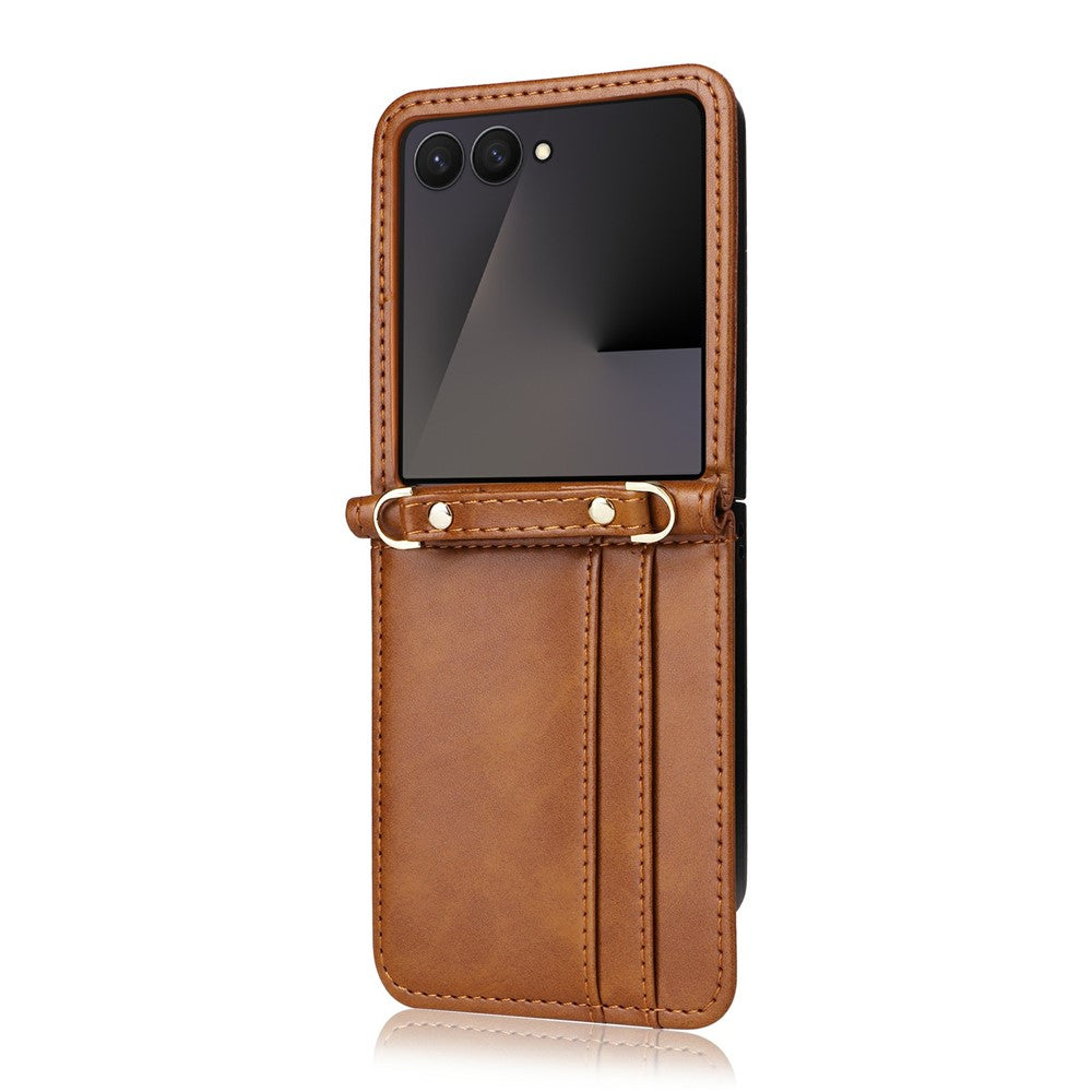For Samsung Galaxy Z Flip7 5 Case Card Slots Leather Phone Cover with Lanyard - Brown