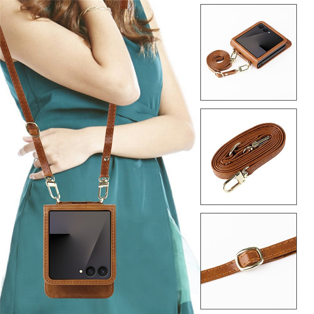 For Samsung Galaxy Z Flip7 5 Case Card Slots Leather Phone Cover with Lanyard - Brown