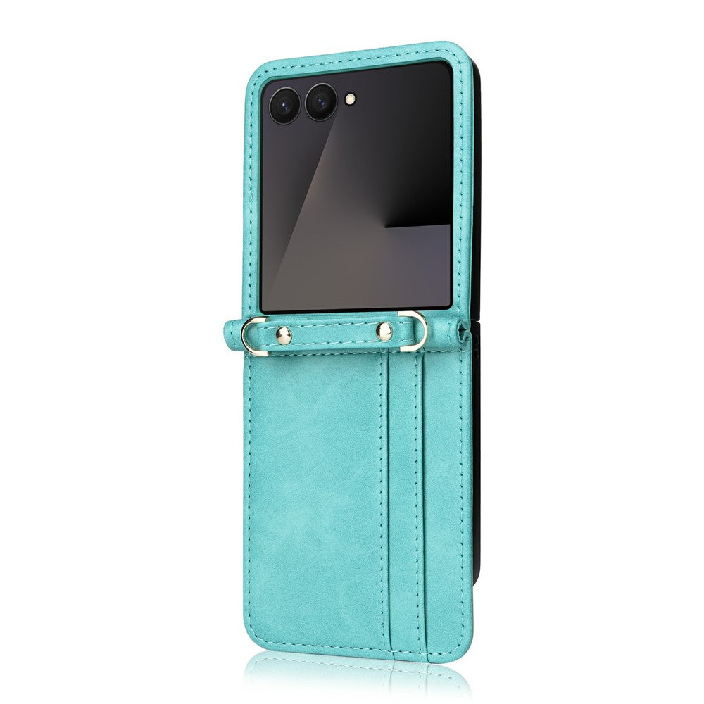 For Samsung Galaxy Z Flip7 5 Case Card Slots Leather Phone Cover with Lanyard - Green