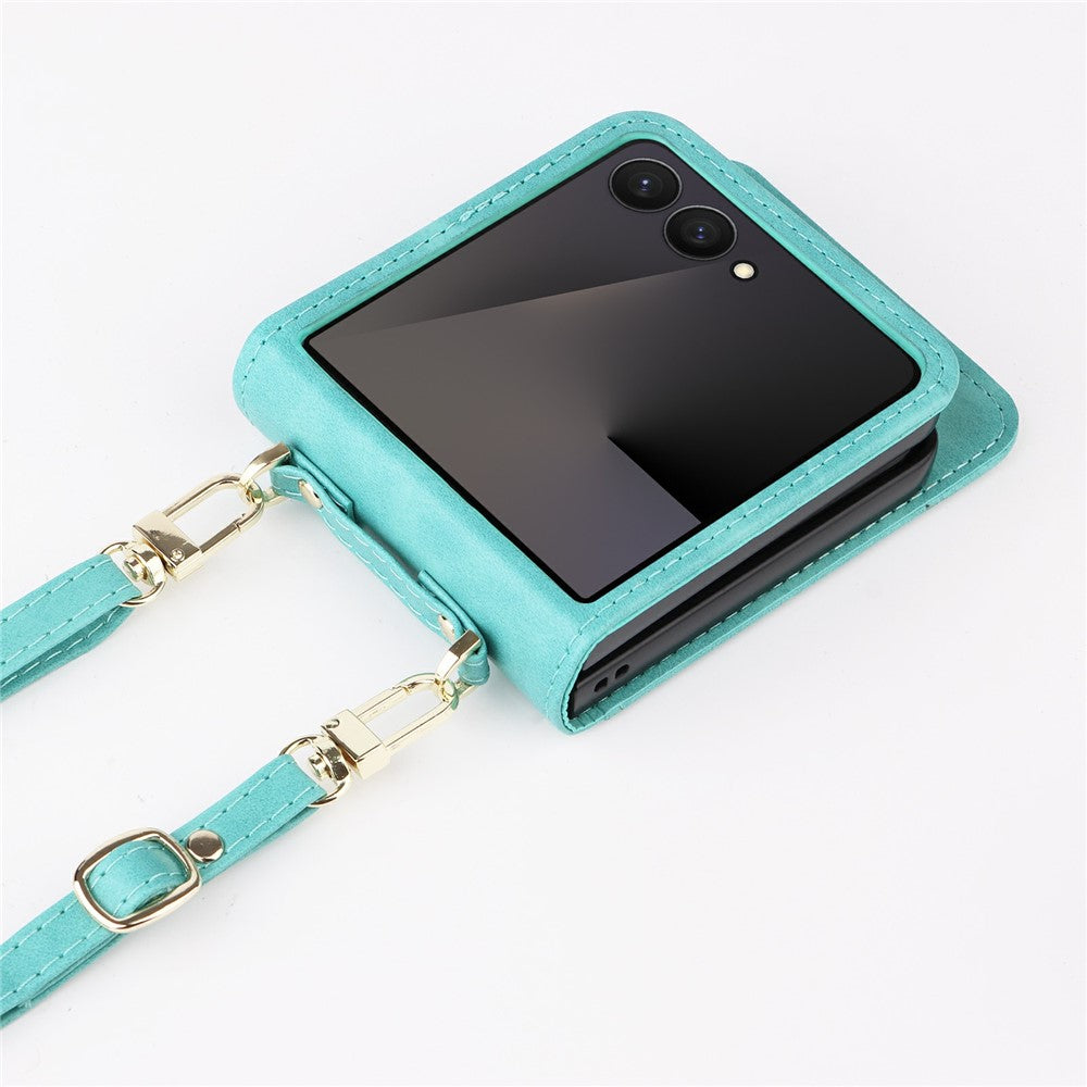 For Samsung Galaxy Z Flip7 5 Case Card Slots Leather Phone Cover with Lanyard - Green