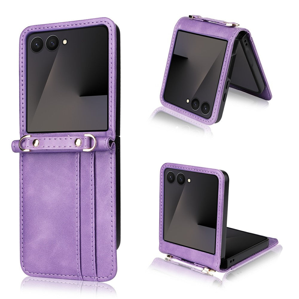 For Samsung Galaxy Z Flip7 5 Case Card Slots Leather Phone Cover with Lanyard - Purple