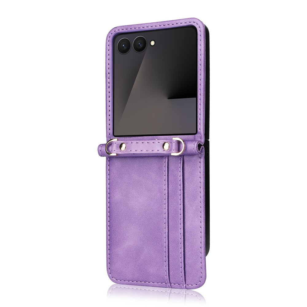 For Samsung Galaxy Z Flip7 5 Case Card Slots Leather Phone Cover with Lanyard - Purple