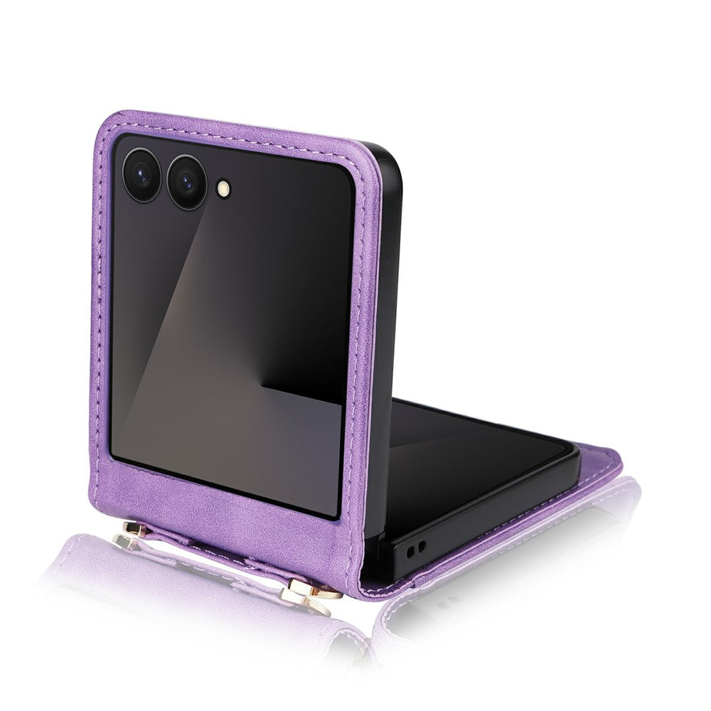 For Samsung Galaxy Z Flip7 5 Case Card Slots Leather Phone Cover with Lanyard - Purple