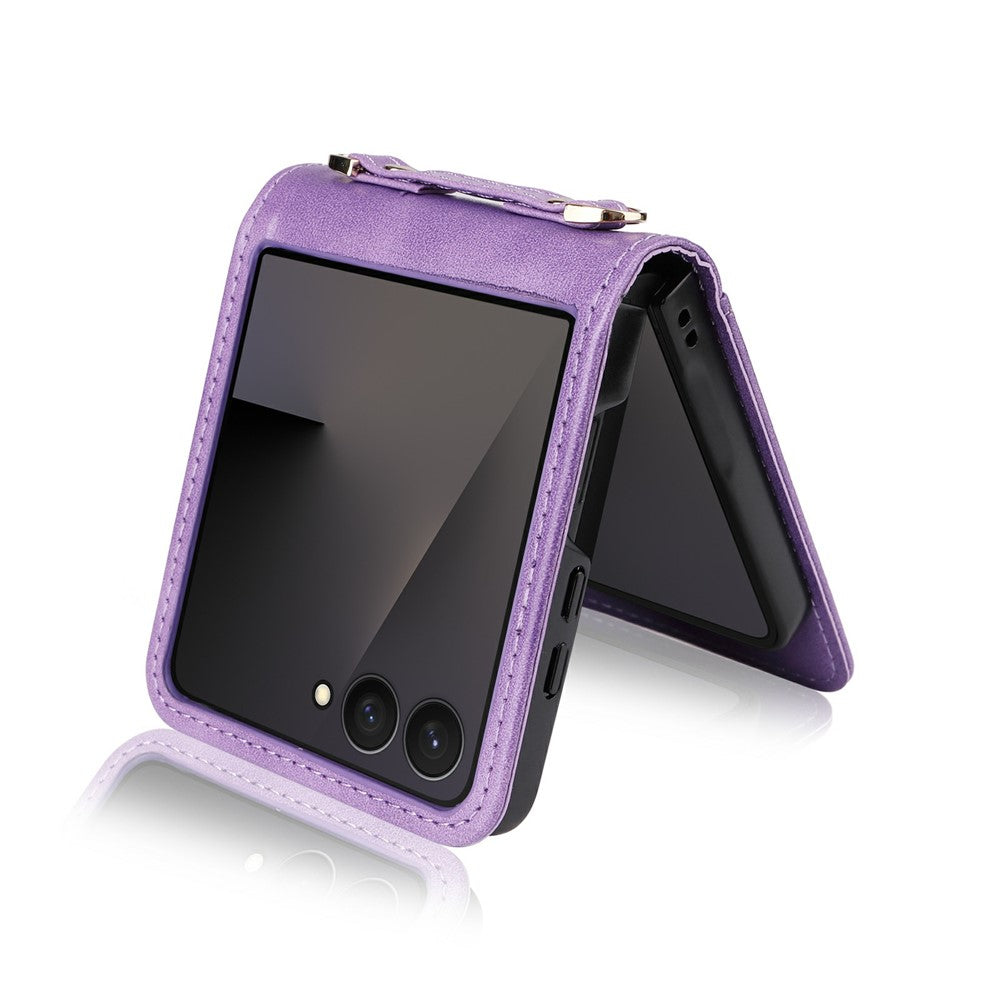 For Samsung Galaxy Z Flip7 5 Case Card Slots Leather Phone Cover with Lanyard - Purple