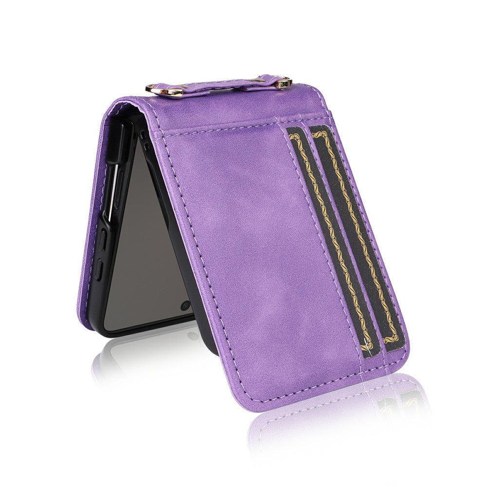For Samsung Galaxy Z Flip7 5 Case Card Slots Leather Phone Cover with Lanyard - Purple