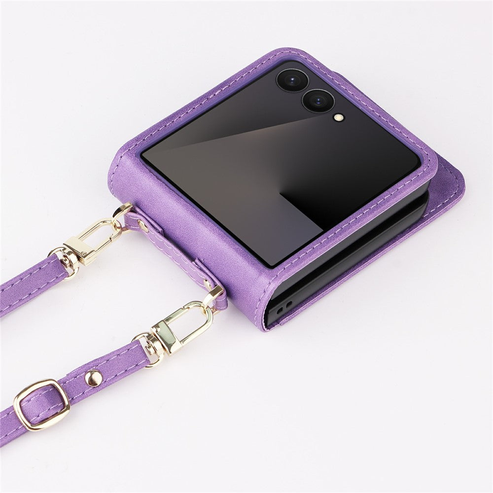 For Samsung Galaxy Z Flip7 5 Case Card Slots Leather Phone Cover with Lanyard - Purple