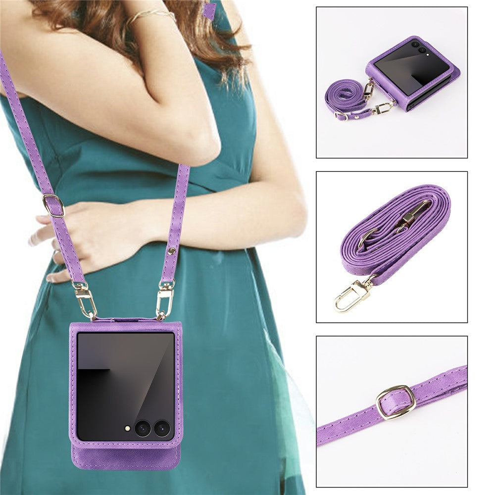 For Samsung Galaxy Z Flip7 5 Case Card Slots Leather Phone Cover with Lanyard - Purple