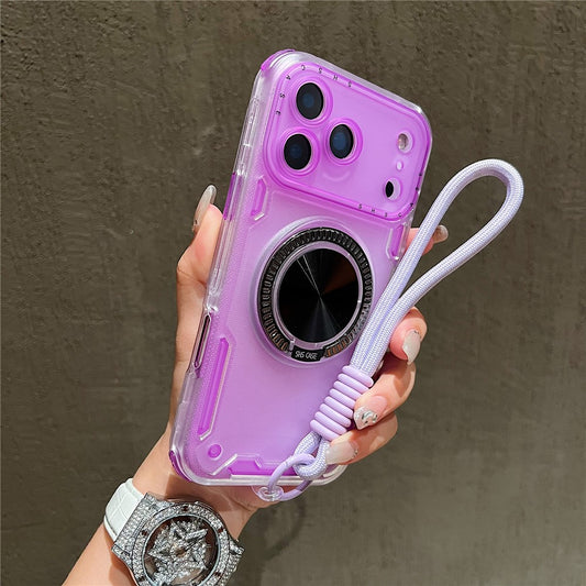 For iPhone 17 Pro Max Case Ring Kickstand PC + TPU Translucent Phone Back Cover with Hand Strap - Purple