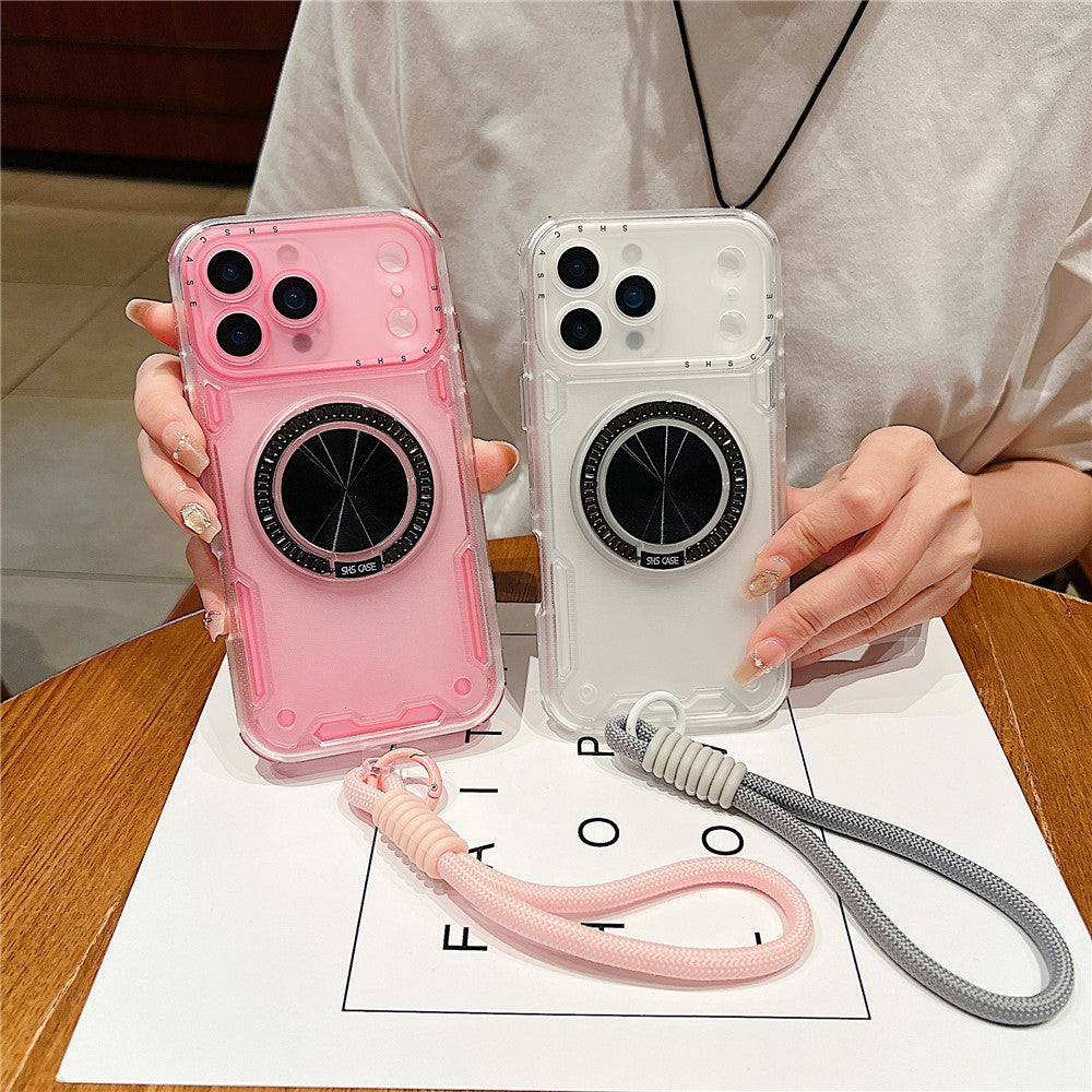 For iPhone 17 Pro Max Case Ring Kickstand PC + TPU Translucent Phone Back Cover with Hand Strap - Purple