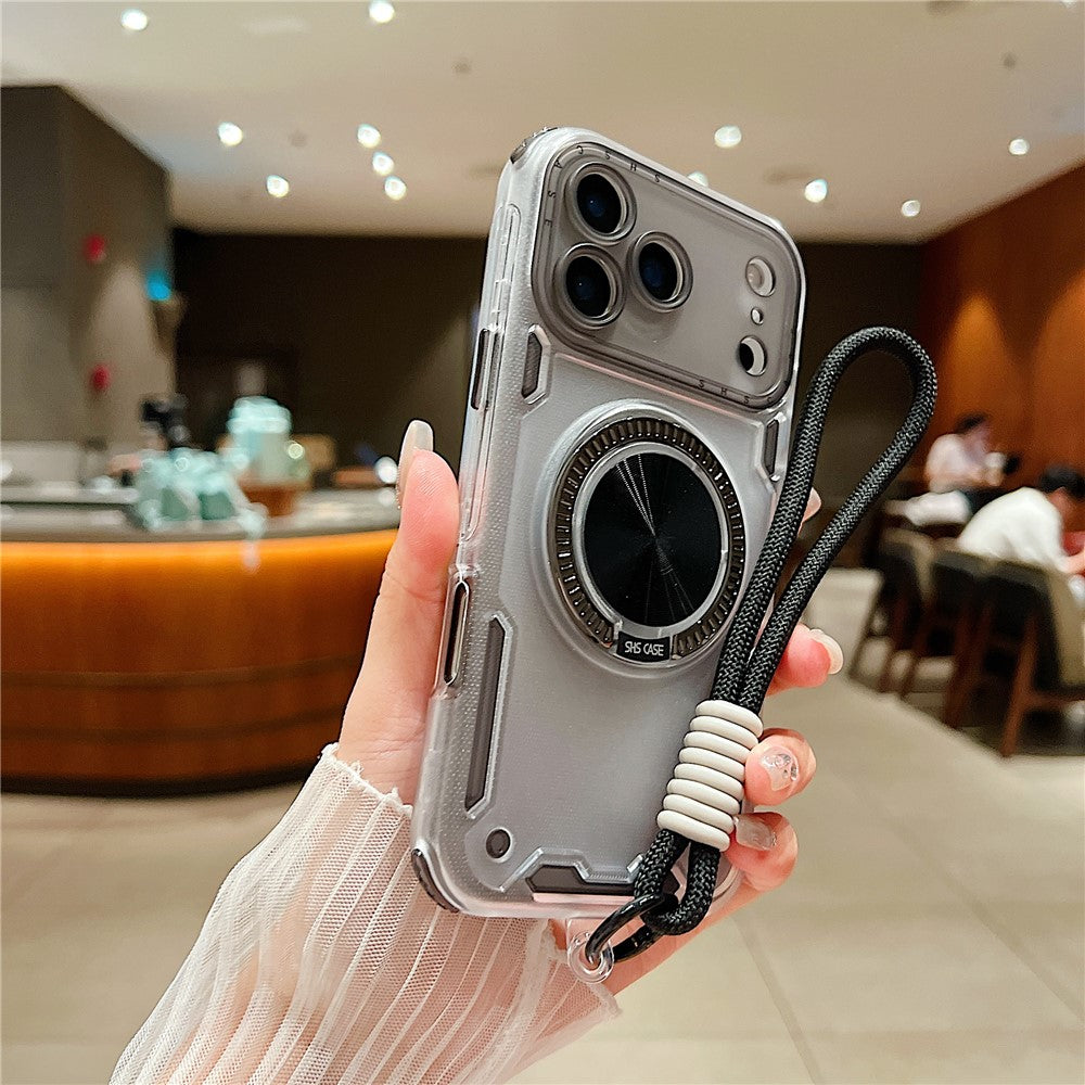 For iPhone 17 Pro Max Case Ring Kickstand PC + TPU Translucent Phone Back Cover with Hand Strap - Black