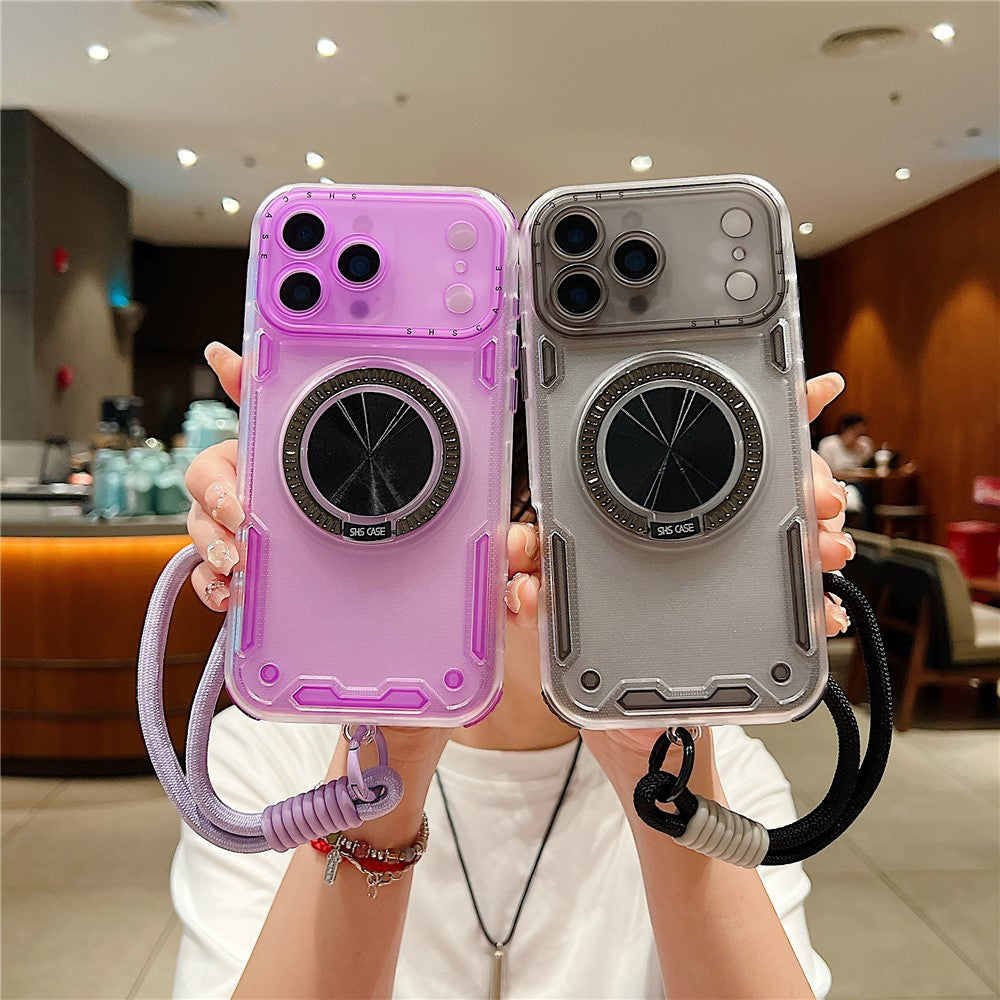 For iPhone 17 Pro Max Case Ring Kickstand PC + TPU Translucent Phone Back Cover with Hand Strap - Black