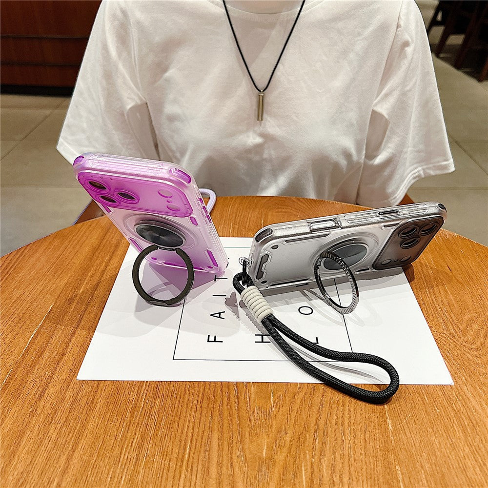 For iPhone 17 Pro Max Case Ring Kickstand PC + TPU Translucent Phone Back Cover with Hand Strap - Blue