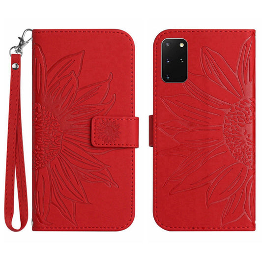 For Samsung Galaxy S20 Plus 4G / 5G HT04 Phone Case, Well-protected Skin-Touch PU Leather Imprinted Sunflower Stand Wallet Cover with Hand Strap - Red