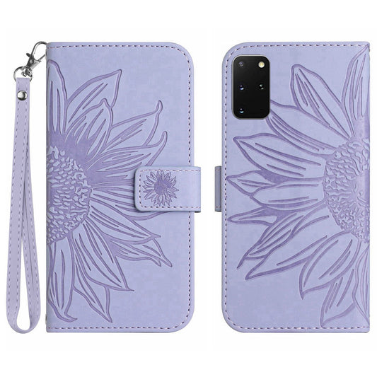 For Samsung Galaxy S20 Plus 4G / 5G HT04 Phone Case, Well-protected Skin-Touch PU Leather Imprinted Sunflower Stand Wallet Cover with Hand Strap - Light Purple
