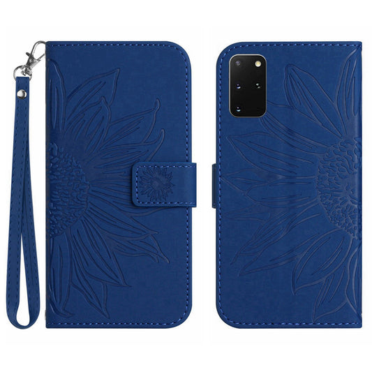 For Samsung Galaxy S20 Plus 4G / 5G HT04 Phone Case, Well-protected Skin-Touch PU Leather Imprinted Sunflower Stand Wallet Cover with Hand Strap - Sapphire