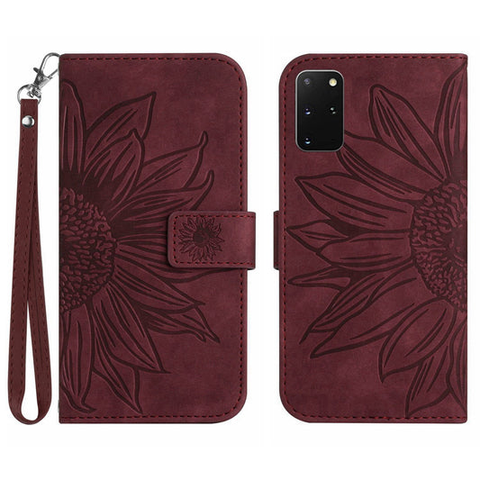 For Samsung Galaxy S20 Plus 4G / 5G HT04 Phone Case, Well-protected Skin-Touch PU Leather Imprinted Sunflower Stand Wallet Cover with Hand Strap - Wine Red