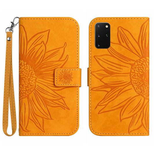 For Samsung Galaxy S20 Plus 4G / 5G HT04 Phone Case, Well-protected Skin-Touch PU Leather Imprinted Sunflower Stand Wallet Cover with Hand Strap - Yellow