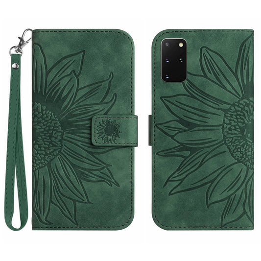 For Samsung Galaxy S20 Plus 4G / 5G HT04 Phone Case, Well-protected Skin-Touch PU Leather Imprinted Sunflower Stand Wallet Cover with Hand Strap - Dark Green