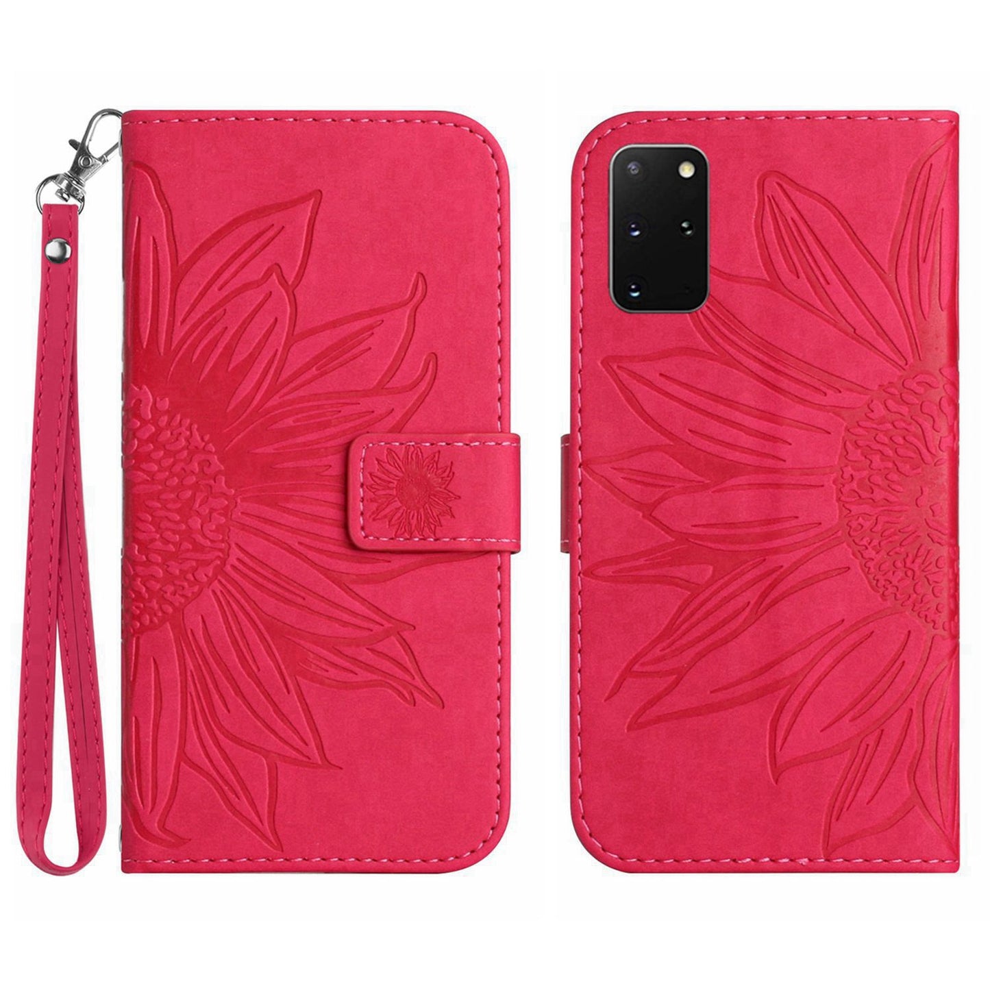For Samsung Galaxy S20 Plus 4G / 5G HT04 Phone Case, Well-protected Skin-Touch PU Leather Imprinted Sunflower Stand Wallet Cover with Hand Strap - Rose