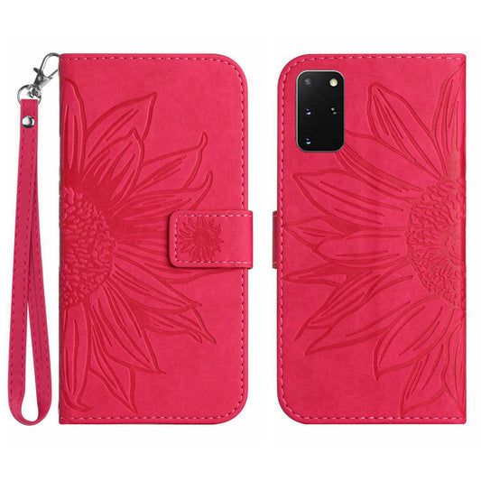 For Samsung Galaxy S20 Plus 4G / 5G HT04 Phone Case, Well-protected Skin-Touch PU Leather Imprinted Sunflower Stand Wallet Cover with Hand Strap - Rose