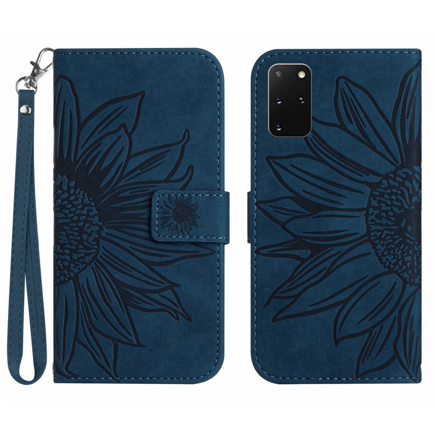 For Samsung Galaxy S20 Plus 4G / 5G HT04 Phone Case, Well-protected Skin-Touch PU Leather Imprinted Sunflower Stand Wallet Cover with Hand Strap - Dark Blue