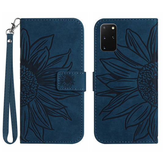 For Samsung Galaxy S20 Plus 4G / 5G HT04 Phone Case, Well-protected Skin-Touch PU Leather Imprinted Sunflower Stand Wallet Cover with Hand Strap - Dark Blue