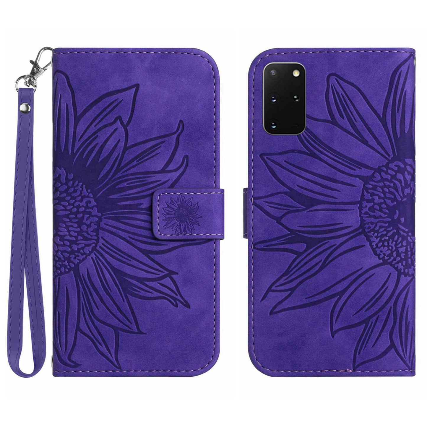 For Samsung Galaxy S20 Plus 4G / 5G HT04 Phone Case, Well-protected Skin-Touch PU Leather Imprinted Sunflower Stand Wallet Cover with Hand Strap - Dark Purple