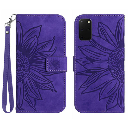 For Samsung Galaxy S20 Plus 4G / 5G HT04 Phone Case, Well-protected Skin-Touch PU Leather Imprinted Sunflower Stand Wallet Cover with Hand Strap - Dark Purple