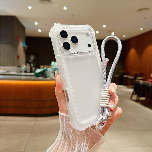 For iPhone 17 Pro Max Case 3 in 1 TPU+PC Matte Phone Cover Shockproof Back Protector with Hand Strap - White