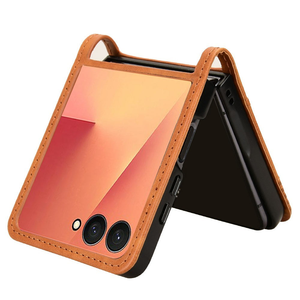 For Samsung Galaxy Z Flip7 5G Case Retro Texture Leather + PC Phone Cover with Card Slot - Brown