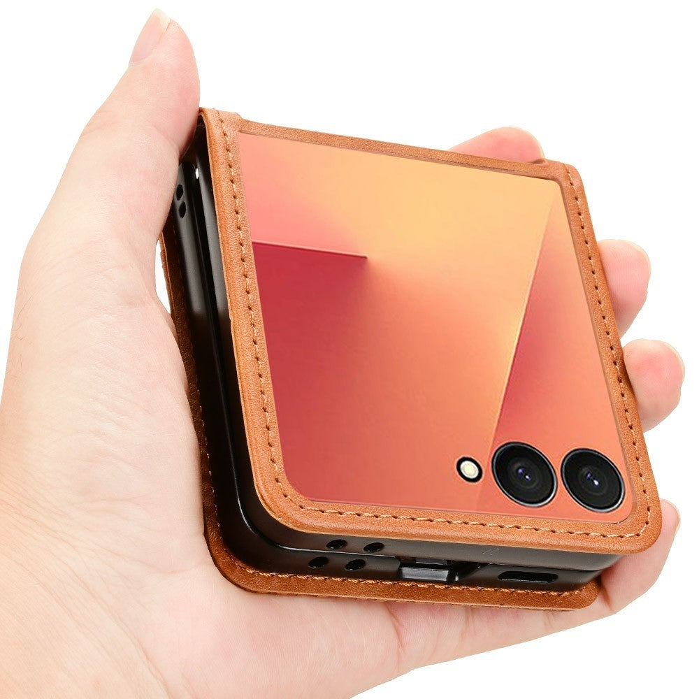 For Samsung Galaxy Z Flip7 5G Case Retro Texture Leather + PC Phone Cover with Card Slot - Brown