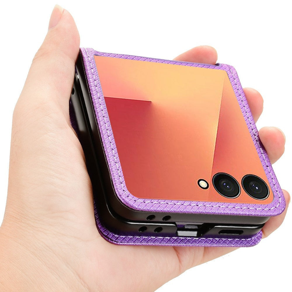 For Samsung Galaxy Z Flip7 5G Case PU Leather Diamond Texture Phone Cover with Card Slot - Purple