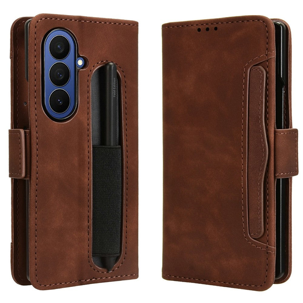 For Samsung Galaxy Z Fold7 5G Stand Case with Pencil Slot Leather Wallet Phone Cover - Brown