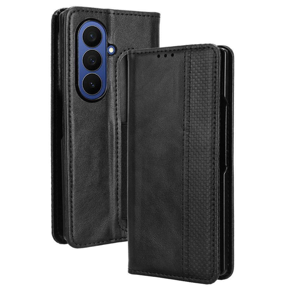 For Samsung Galaxy Z Fold7 5G Case with Pencil Holder Retro PU Leather Phone Cover - Black