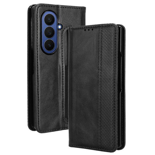 For Samsung Galaxy Z Fold7 5G Case with Pencil Holder Retro PU Leather Phone Cover - Black