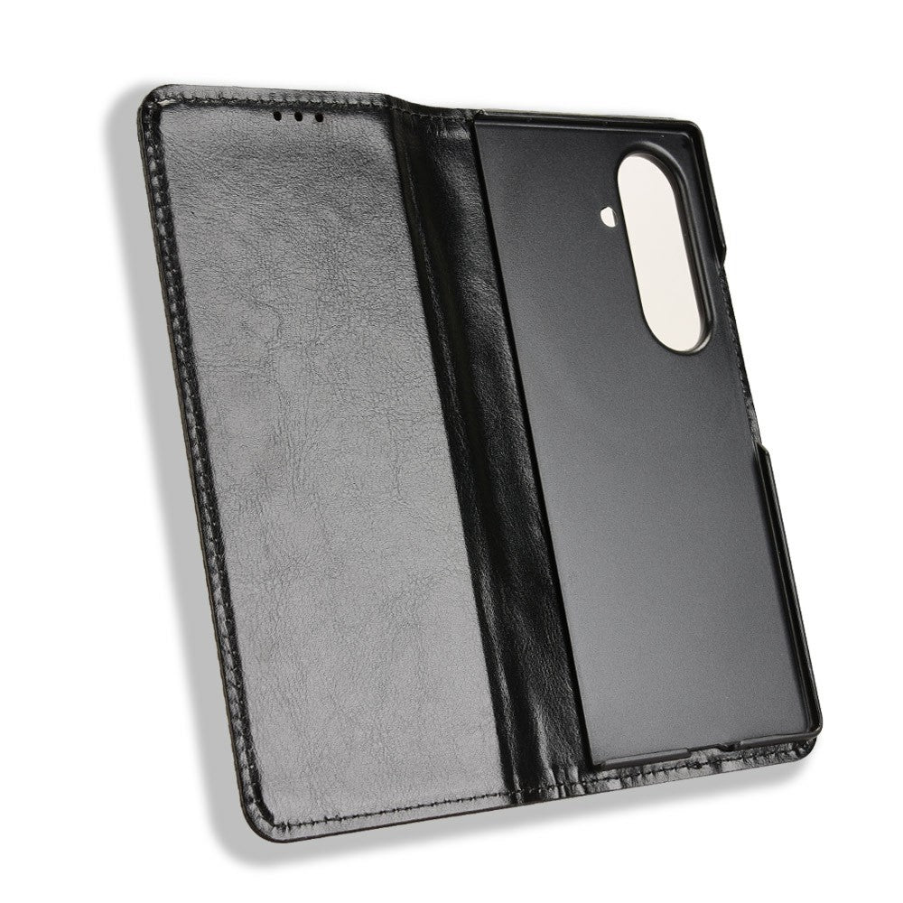 For Samsung Galaxy Z Fold7 5G Case with Pencil Holder Retro PU Leather Phone Cover - Black