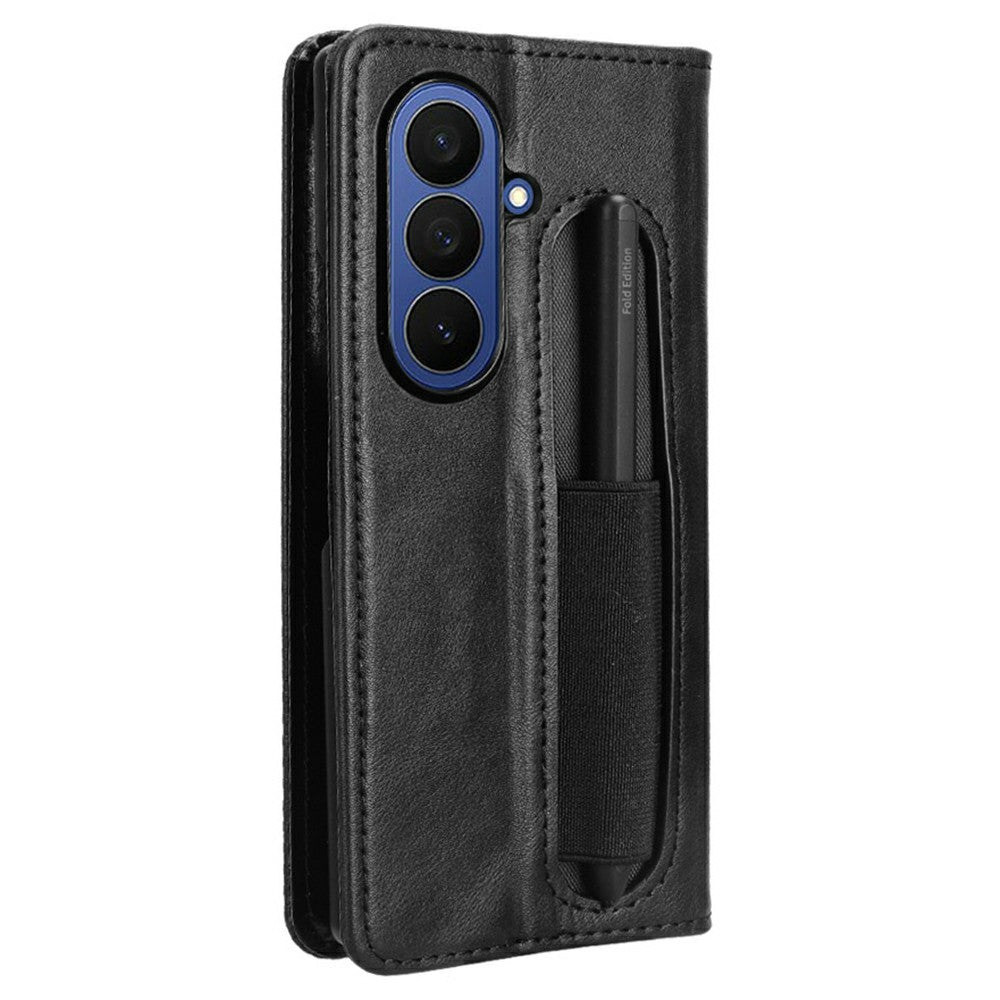 For Samsung Galaxy Z Fold7 5G Case with Pencil Holder Retro PU Leather Phone Cover - Black