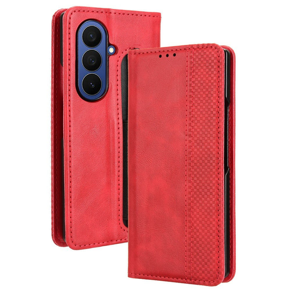 For Samsung Galaxy Z Fold7 5G Case with Pencil Holder Retro PU Leather Phone Cover - Red