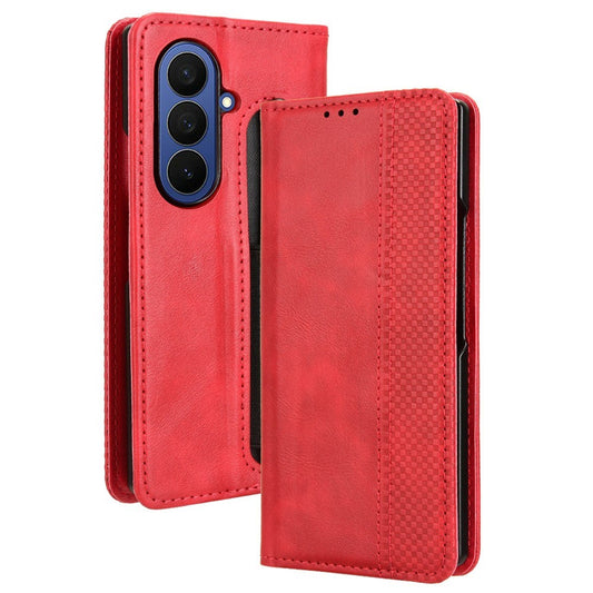 For Samsung Galaxy Z Fold7 5G Case with Pencil Holder Retro PU Leather Phone Cover - Red