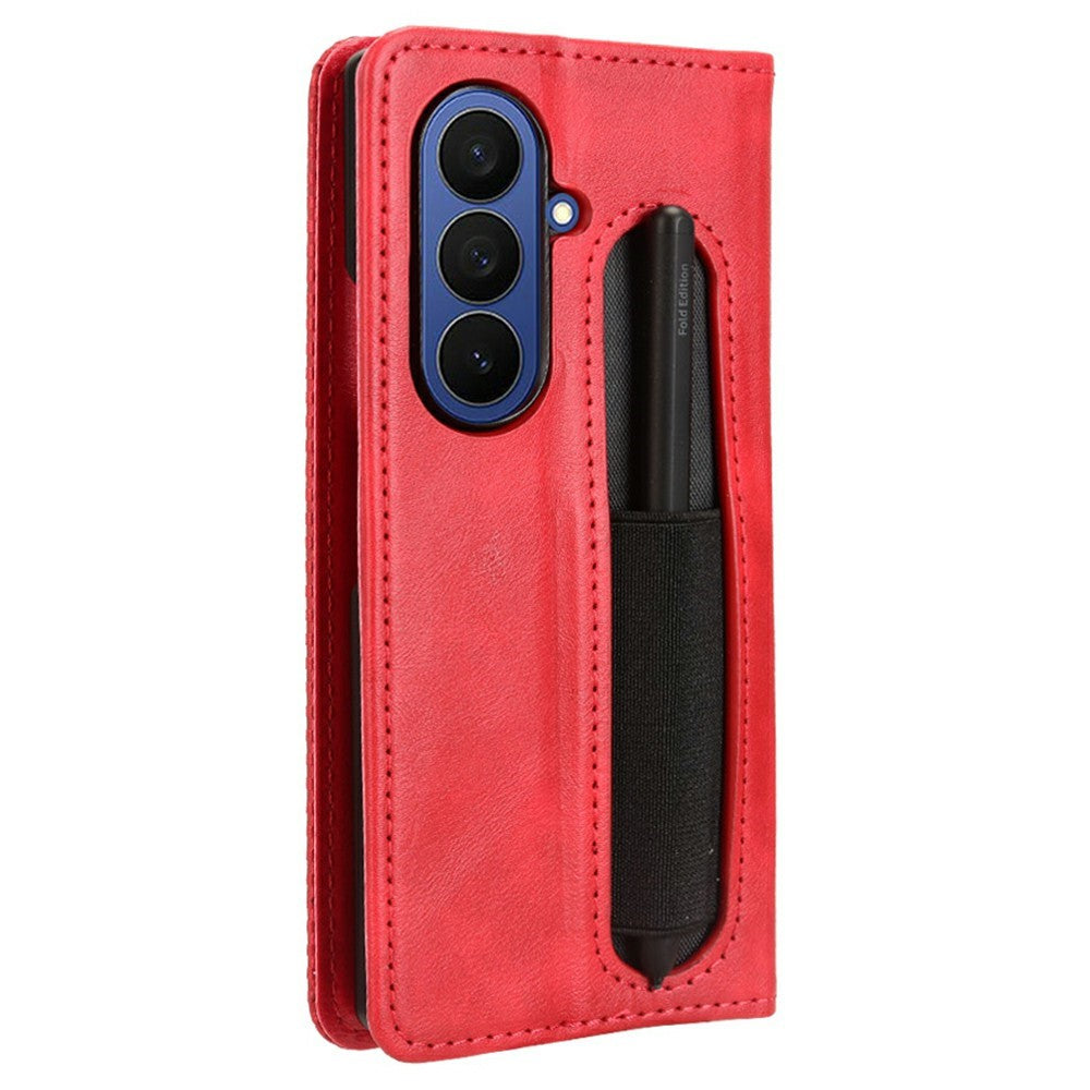 For Samsung Galaxy Z Fold7 5G Case with Pencil Holder Retro PU Leather Phone Cover - Red