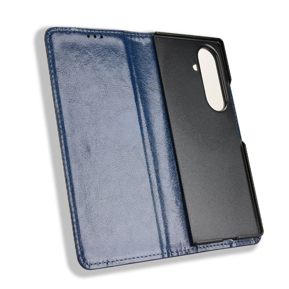 For Samsung Galaxy Z Fold7 5G Case with Pencil Holder Retro PU Leather Phone Cover - Blue